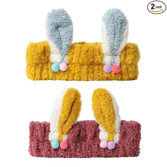 PERFECTSIGHT Kawaii Headband for Spa, Makeup, Washing Face, Party - 2 Pack Cute Hair Band for Shower Beauty Skincare, Soft Facial Headbands for Girls and Women (Red+Yellow Rabbit Ear)