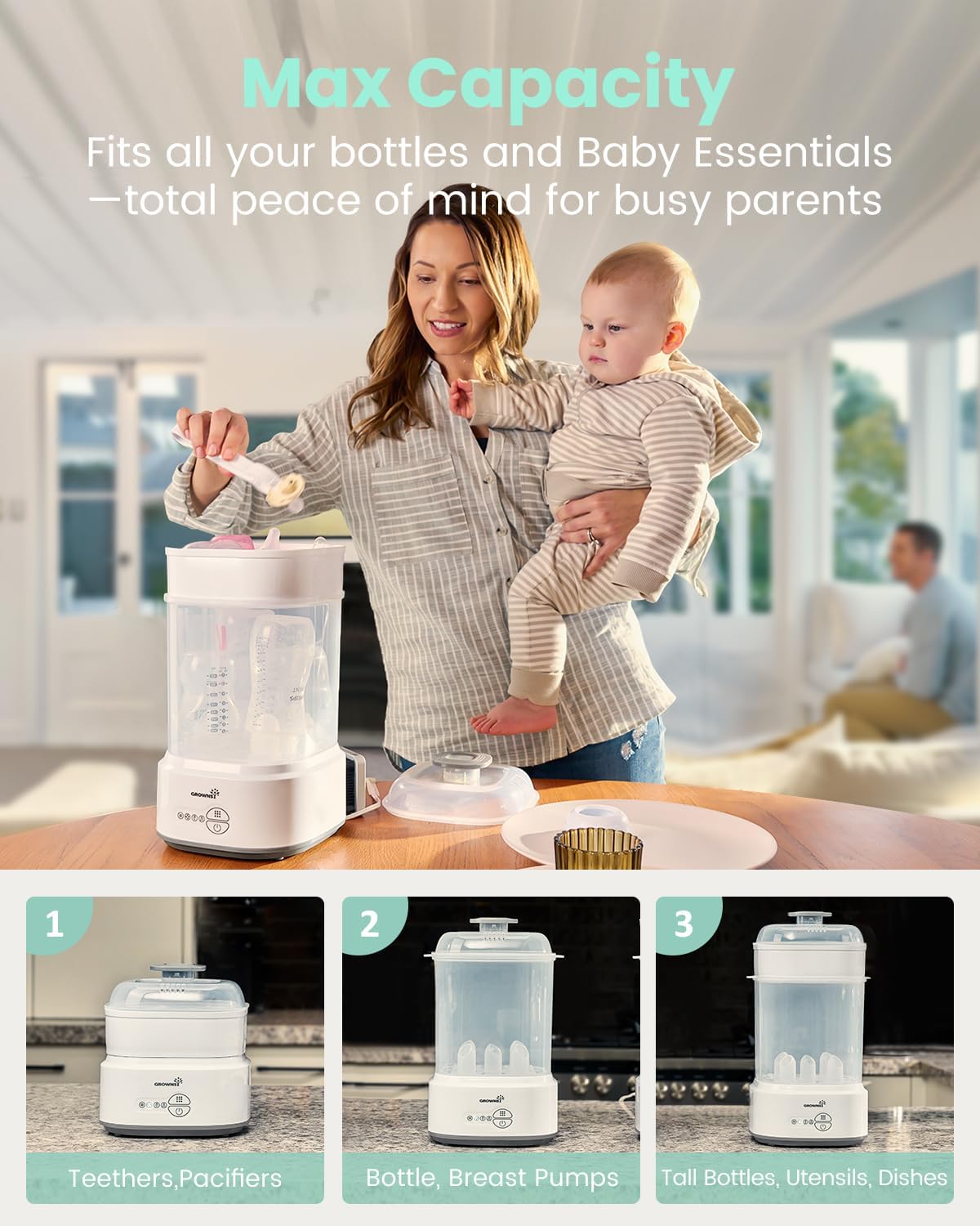 GROWNSY Bottle Sterilizer and Dryer, Compact Electric Steam Baby Bottle Sterilizer (Esterilizador de Biberones), Bottle Sanitizer for Baby Bottles, Pacifiers, Pump Parts