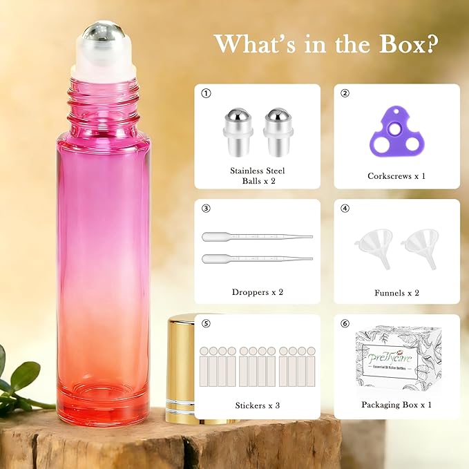 PrettyCare 12 Pack, 10 ml Essential Oil Roller Bottles with Stainless Steel Roller Ball - Refillable Leak-proof Empty Thick Red & Purple Glass Roll on Bottles with Golden Caps for Travel, Perfume
