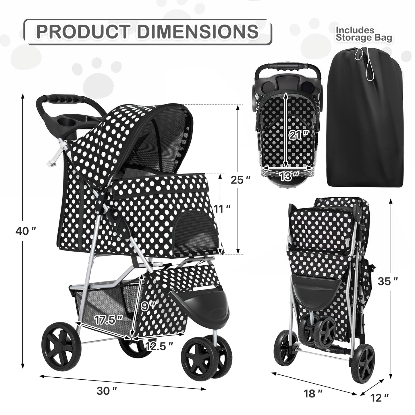MoNiBloom 3 Wheels Pet Dog Cat Stroller for Small Medium Dogs Cats, Foldable Jogger Stroller w/Storage Basket and Cup Holder, Black Polka Dots
