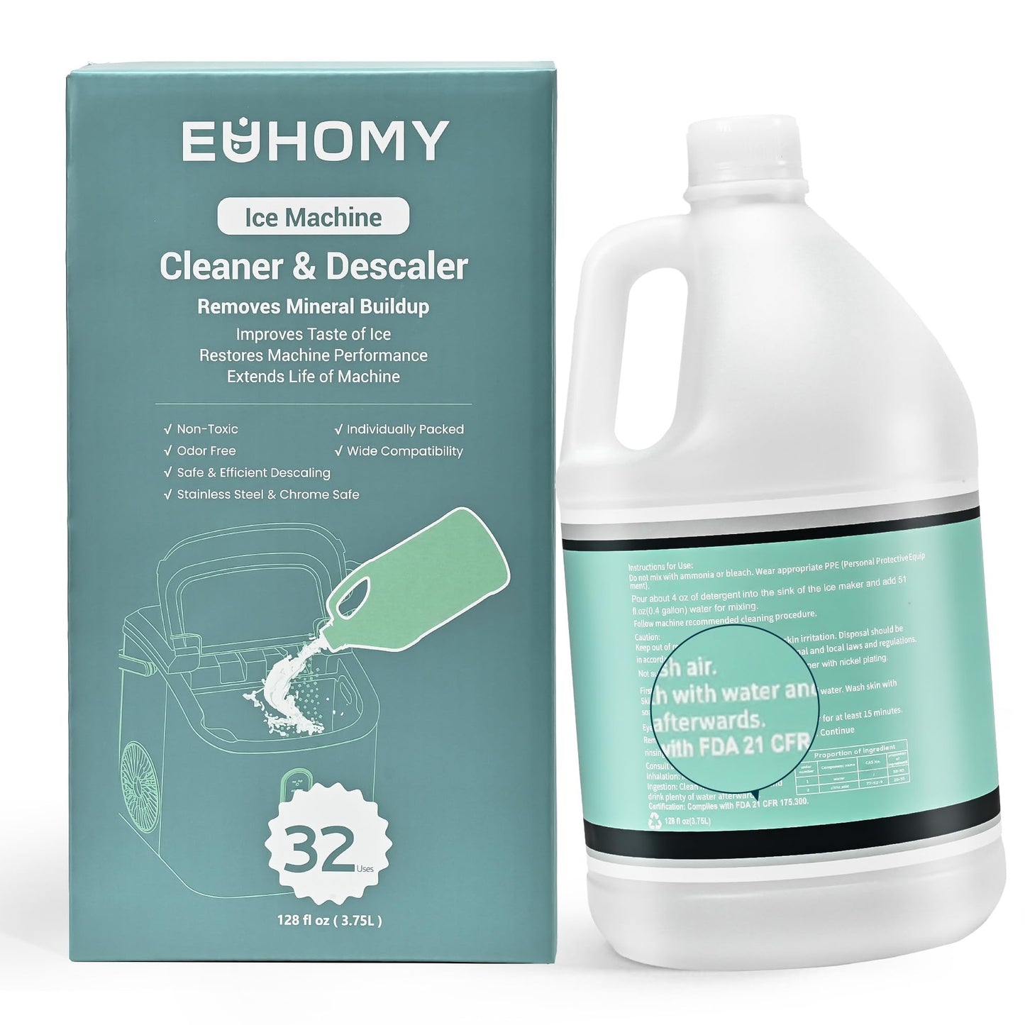 EUHOMY Max 33 Uses Ice Machine Cleaner Descaler (1 Gallon / 3.75L), 128 Fl OZ Ice Maker Cleaner, Ideal Universal Descaling Solution for All Brands Ice Maker, Single Use Coffee and Espresso Machines