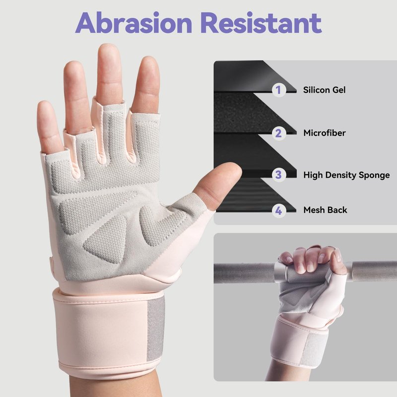 JOBGAIN Workout Gloves for Men and Women, Gym Weight Lifting Padded Gloves with Wrist Wrap Support, Full Palm Protection & Extra Grips, for Weightlifting, Exercise, Pull-Up, Pink, Size M
