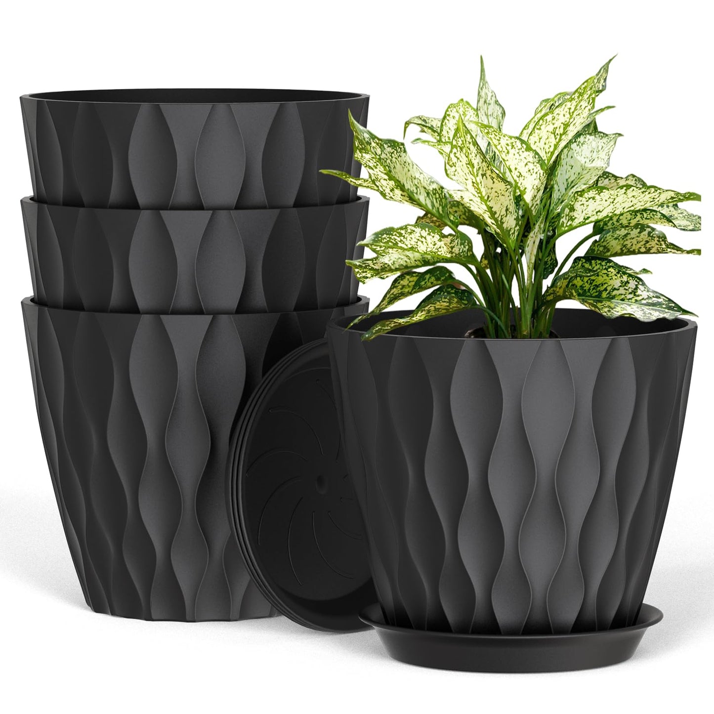 UOUZ 8 Inch Plant Pots, 4 Pack Plastic Planters for Indoor Outdoor with Drainage Holes & Saucers, Waffle Texture Flower Pots for Indoor Plants, Indoor Plant Pots for Monstera, Fiddle Leaf Fig, Black