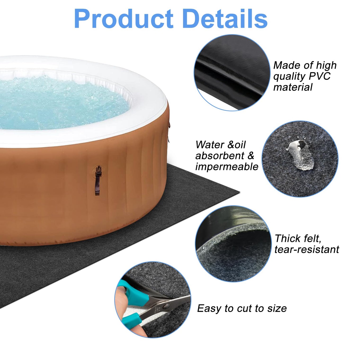 TIXANF 80 * 80 Inch Hot Tub Mat, Inflatable Hot Tub Pad Outdoor Indoor, Water-Absorbent Anti-Slip Portable Spa Pool Accessories for Protect the Hot Tub Pool from Wear