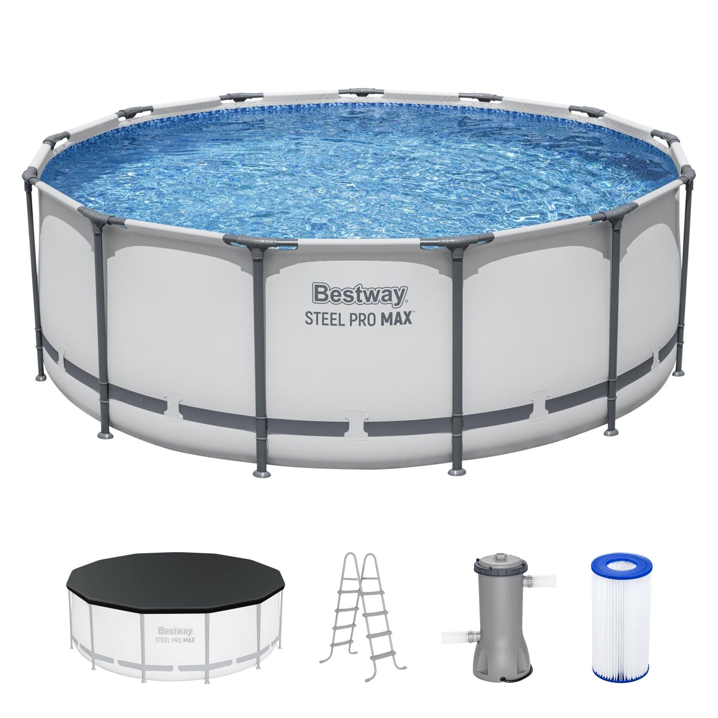 Bestway Steel Pro MAX 13' x 48" Above Ground Pool, Round Metal Frame Outdoor Swimming Pool Set with Filter Pump, Ladder, and Cover, Gray