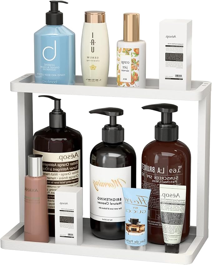 PEKER Bamboo Bathroom Organizer Countertop Ã¢ÂÂ Small Vanity Storage Shelf for Makeup, Perfume, Skincare Ã¢ÂÂ Natural Cosmetics Display Rack for Dresser, Sink, Kitchen Ã¢ÂÂWhite
