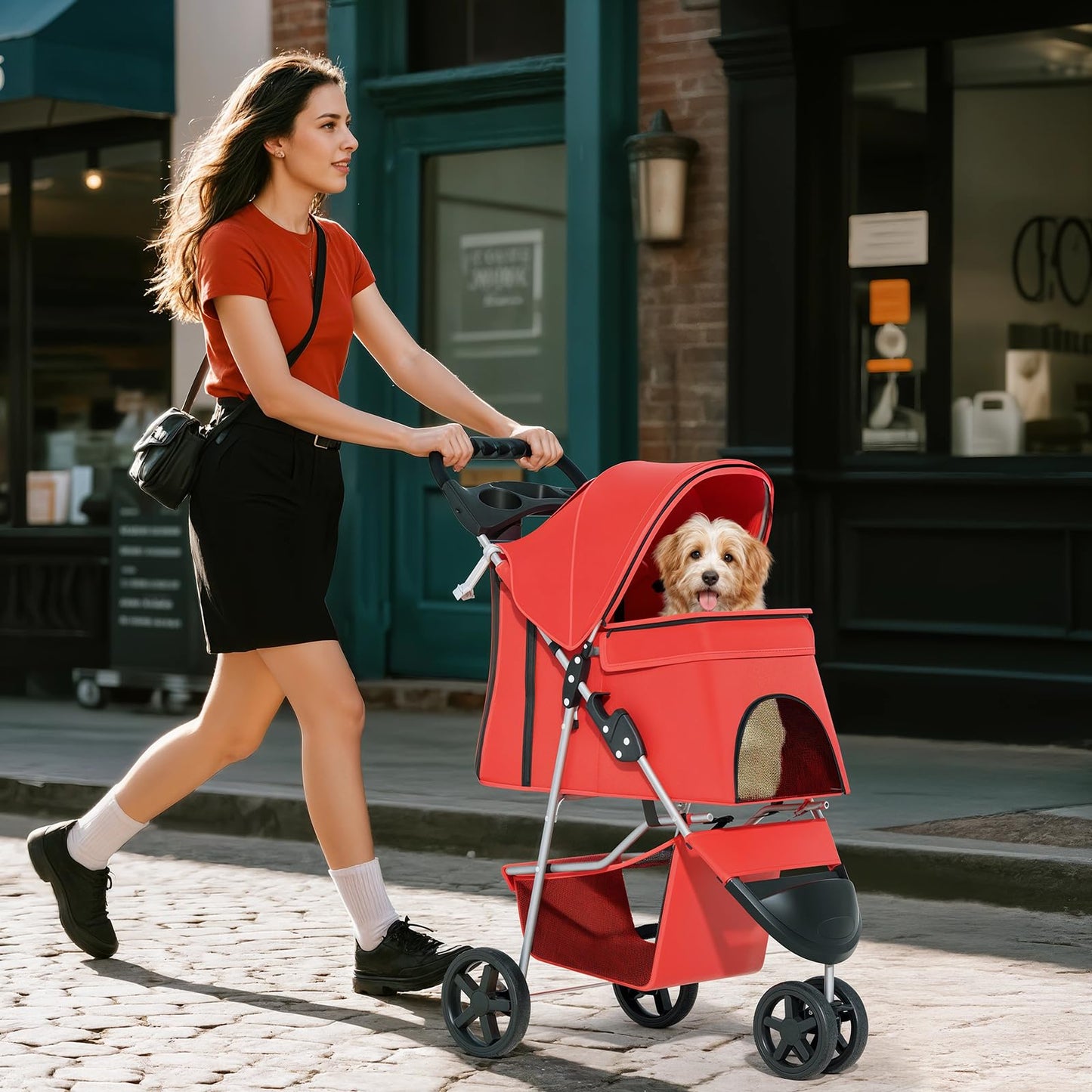 Pet Stroller for Small Dogs 10 lbs, Dog Stroller for Medium Dogs 30 lbs, Cat Strollers for 2 Cats, 3 Wheels Foldable Jogger Puppy Stroller with Storage Basket and Cup Holder, Red