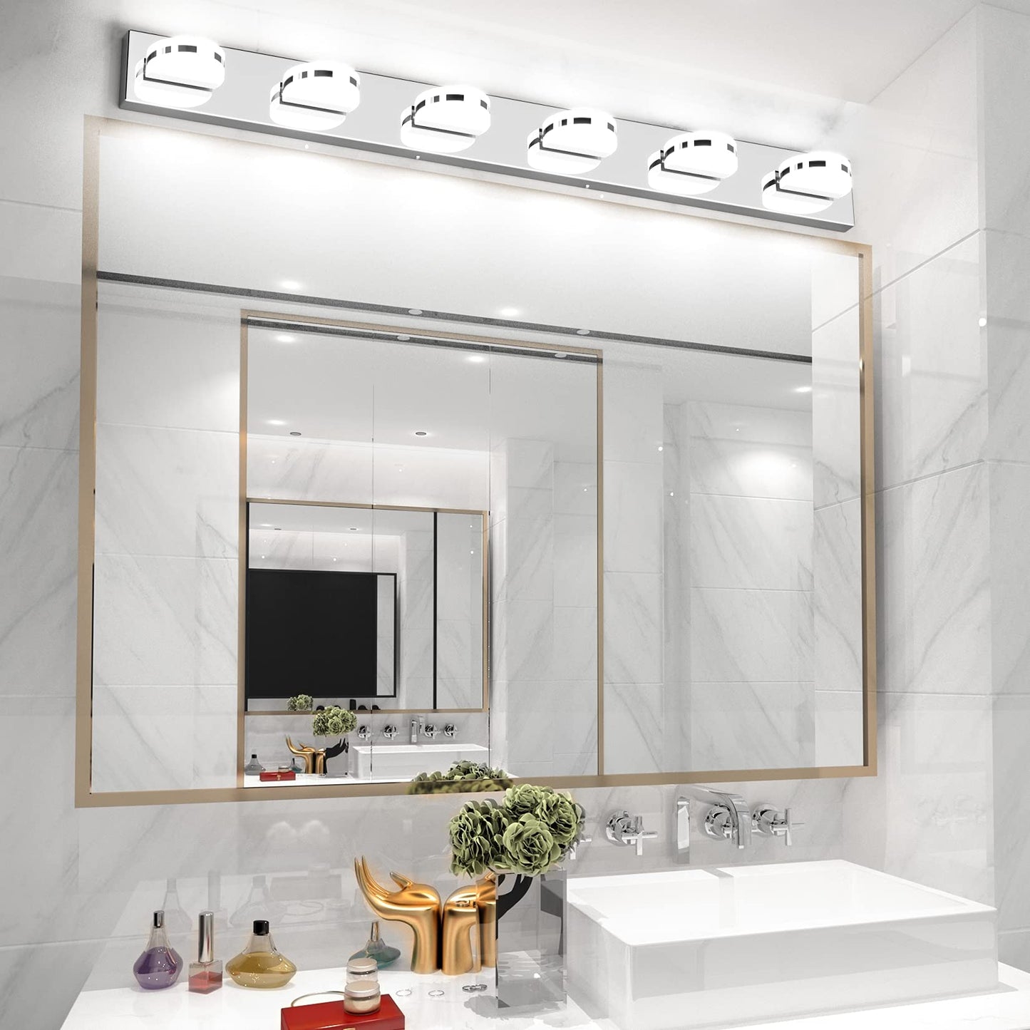 Aipsun 6 Lights Modern Chrome LED Vanity Light Acrylic Stainless Steel Bathroom Wall Light Over Mirror(White Light 6000K)
