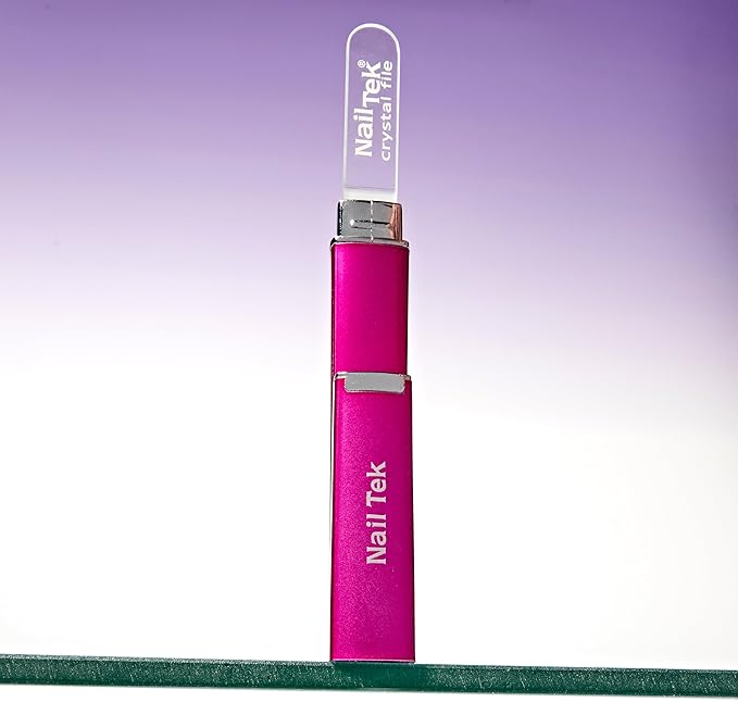 Nail Tek Crystal File - Glass Nail File with Case, Durable and Gentle for Healthy Nails and Cuticles - Travel-Friendly Design, Fuchsia, Medium 5"