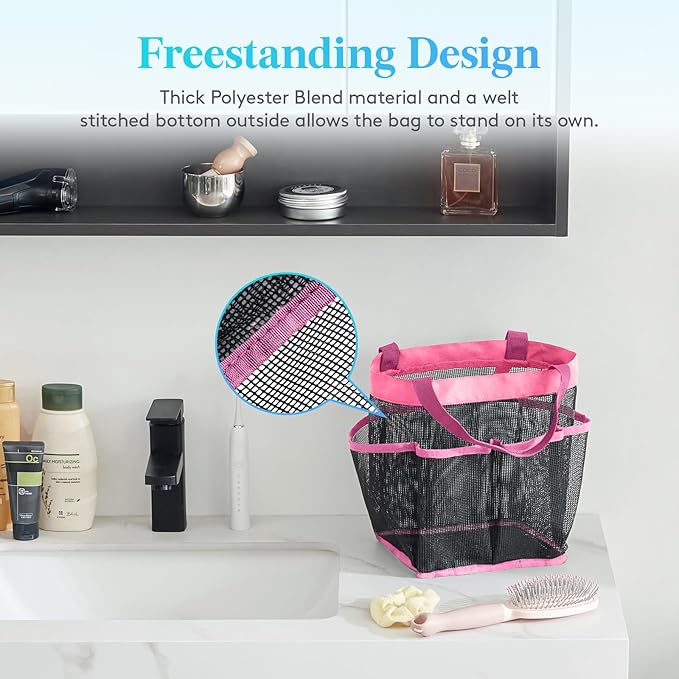 Lifewit Mesh Shower Caddy Portable for College Dorm Room Essentials with 7 Pockets, Freestanding Hanging Organizer Basket, Quick Dry Tote Bag for Camping, Bathroom, Beach, Travel, 1 Pack, Pink