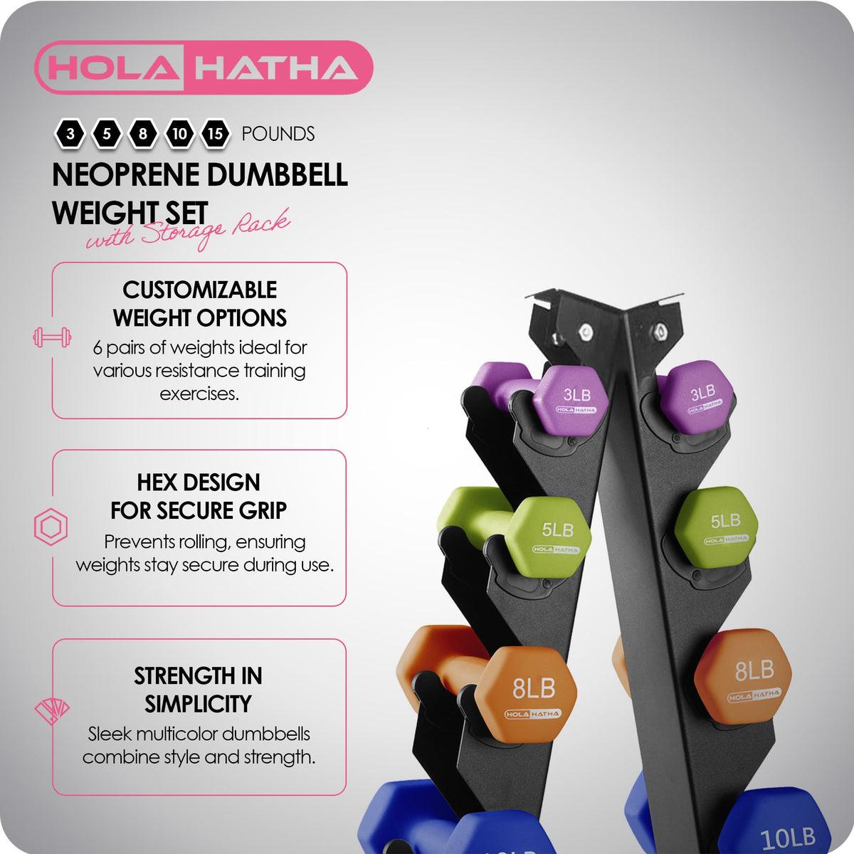HolaHatha Neoprene Dumbbell Weights Set with Rack, Home Gym Equipment, 106 Lbs, Multicolor - Portable Weighted Exercise Dumbbells for Fitness, Training, and Lifting Workouts