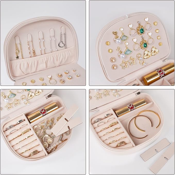 ProCase Travel Size Jewelry Box, Medium Portable Seashell-Shaped Jewelry Case, 2 Layer Jewelry Organizer in PU Leather for Women -Champagne