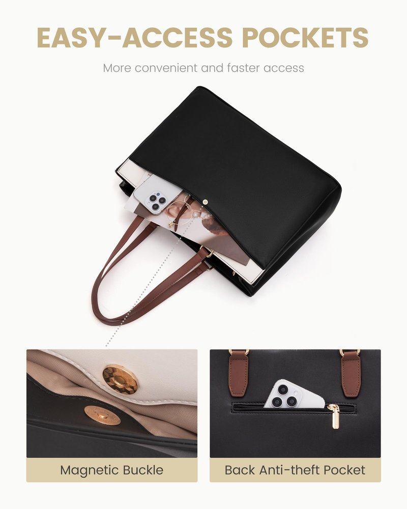 LOVEVOOK Laptop Tote Bag for Women, Work Bags Teacher Tote Bag, Waterproof Leather Computer Bag, Business Laptop Purse Office Handbag Professional Briefcase, Black-Beige-Brown, 15.6 Inch