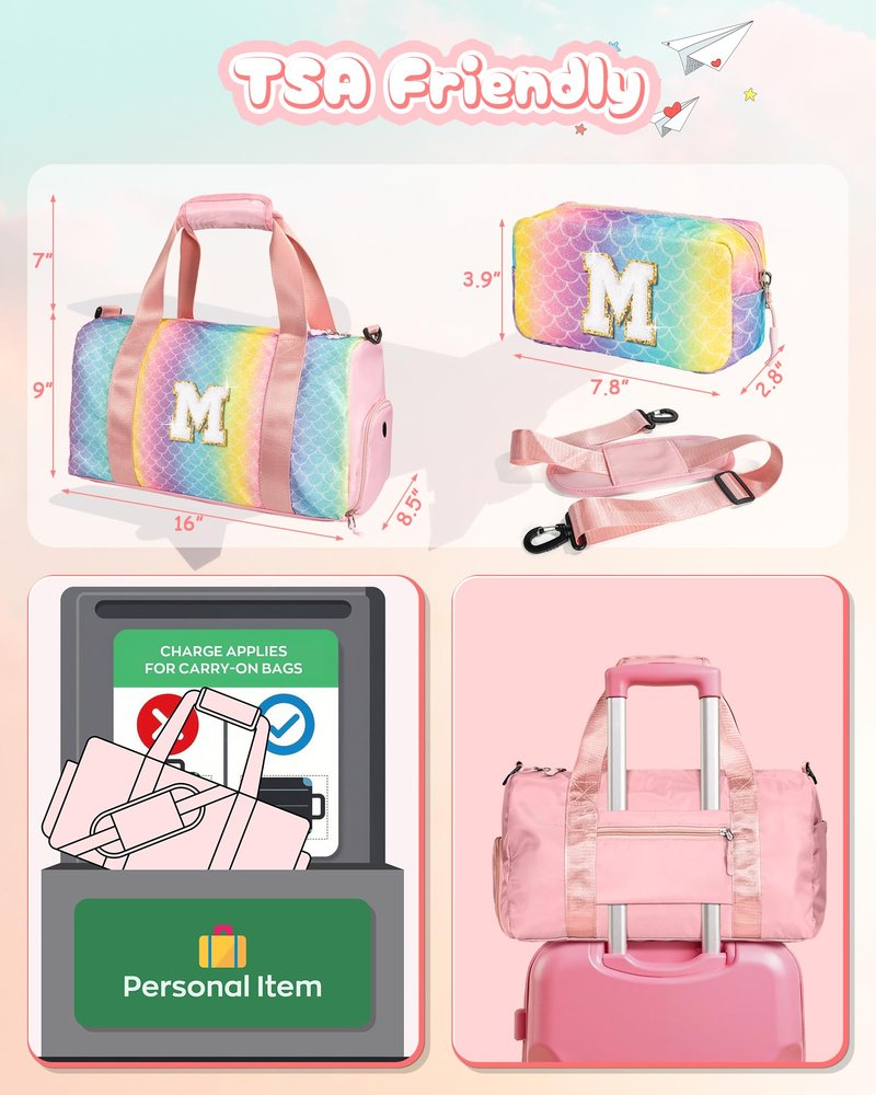 Vogewood Granddaughter Gift from Grandmom-Girl Gym Bag with Shoe Compartment, Kid Personalized Weekender Overnight Bags, Initial Travel Tote with Makeup Pouch, Easter Gifts for Teen (Letter C)
