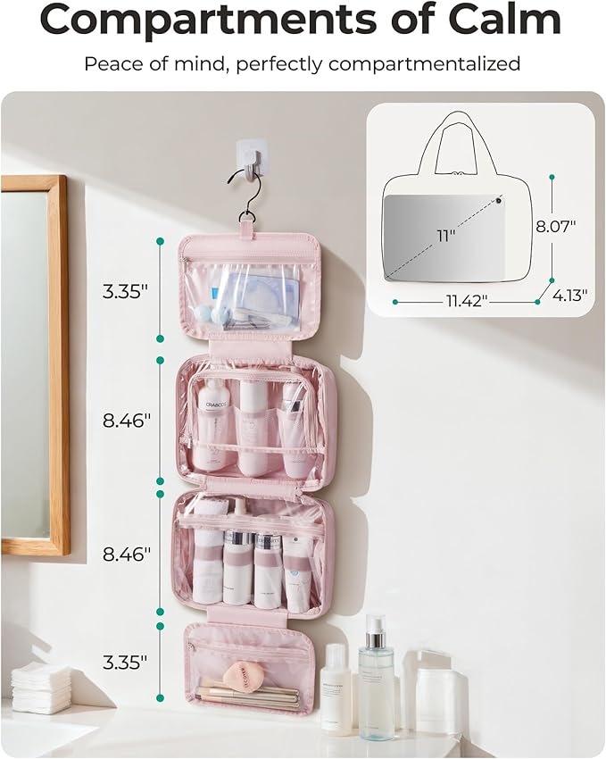 BAGSMART Travel Toiletry Bag for women, Portable Hanging Hook Makeup Bag Organizer, Waterproof Makeup Cosmetic Bag, for Full-Size Accessories, Toiletries,Olive green