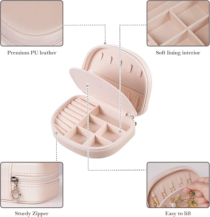 ProCase Travel Size Jewelry Box, Medium Portable Seashell-Shaped Jewelry Case, 2 Layer Jewelry Organizer in PU Leather for Women -Champagne
