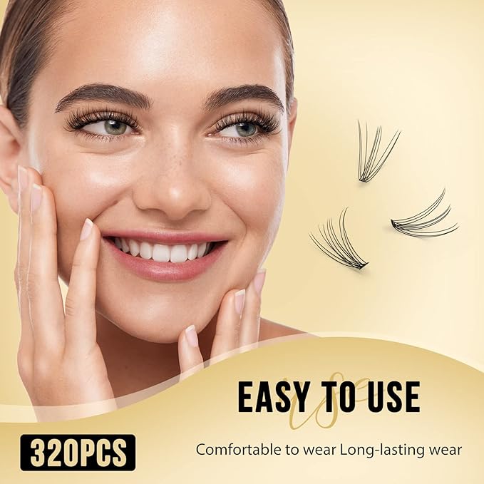QUEWEL Lash Clusters 320Pcs Cluster Lashes 10D C Curl Lash Cluster Eyelash Extensions Mix9-16mm Individual Eyelashes Clusters Wispy Lash Clusters Thin Band Soft to Use at Home(10D C Mix9-16)
