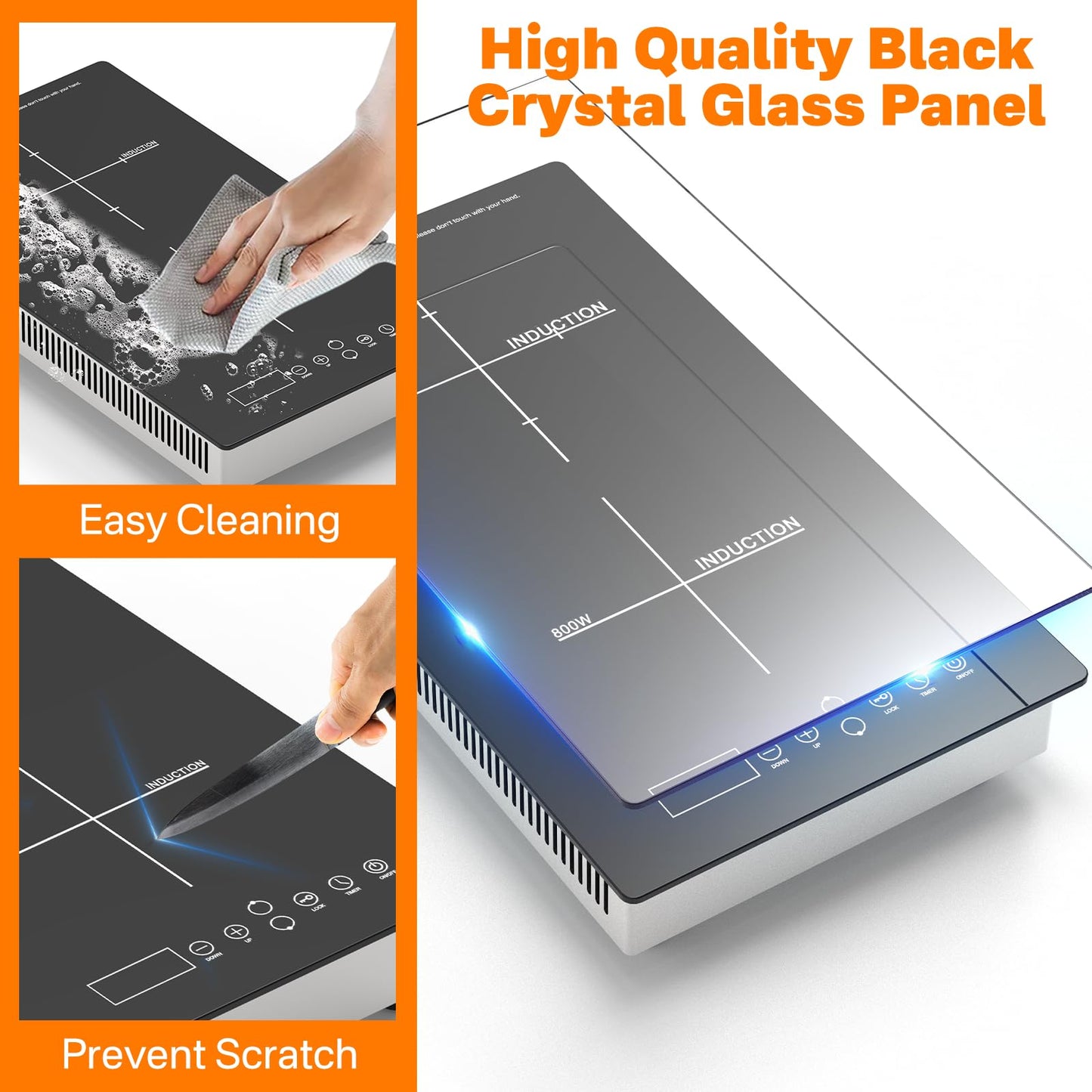 2 Burner Induction Cooktop Built in/Countertop, 110V~120V 1900W Double Induction Cooktop for RV, Camping with Plug, Timer, Child Lock (Black）