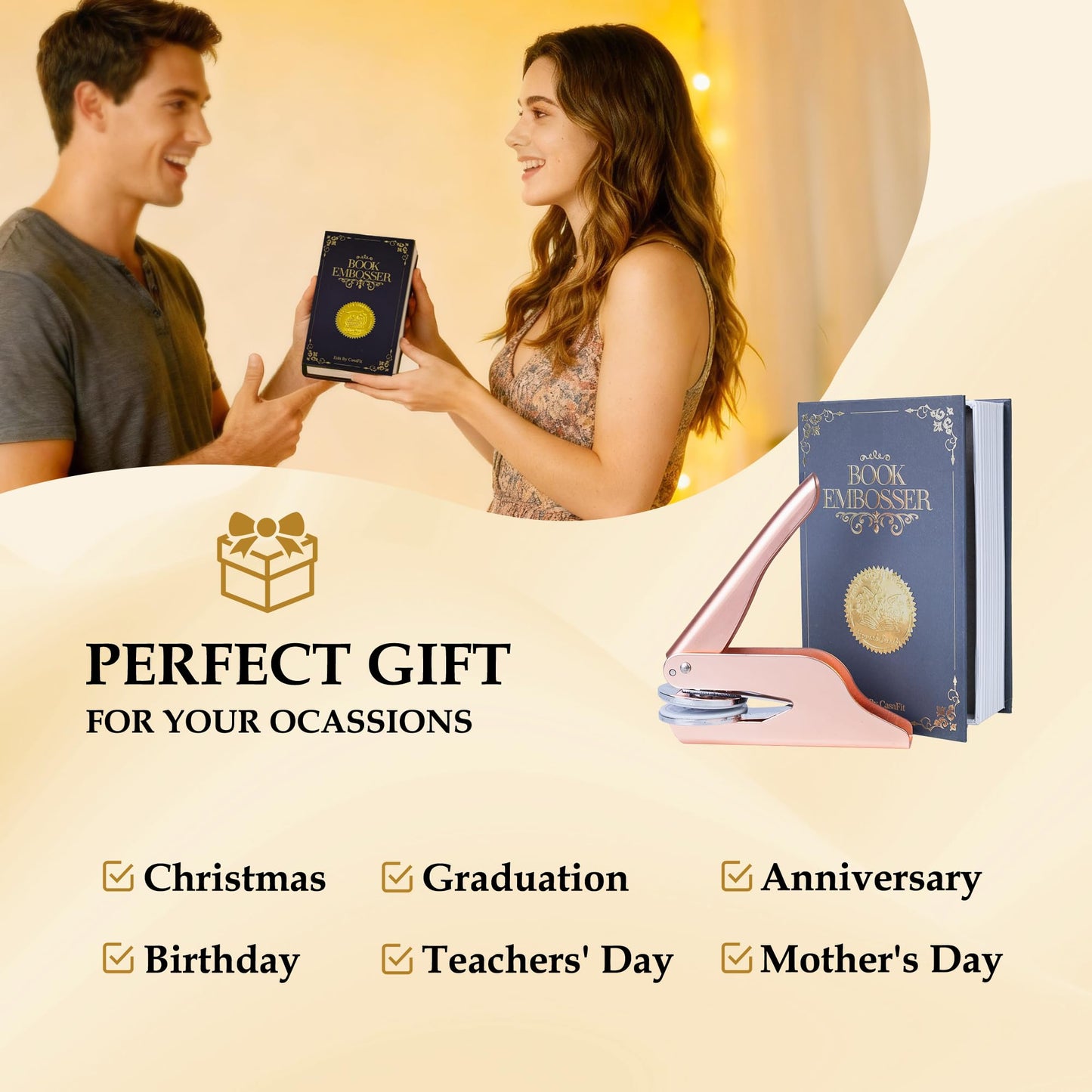CASAFIT Book Embosser Personalized, Custom Stamp - Library Stamp Personalized Gift Set for Book Lovers | Women | Teachers | Wedding | Friends