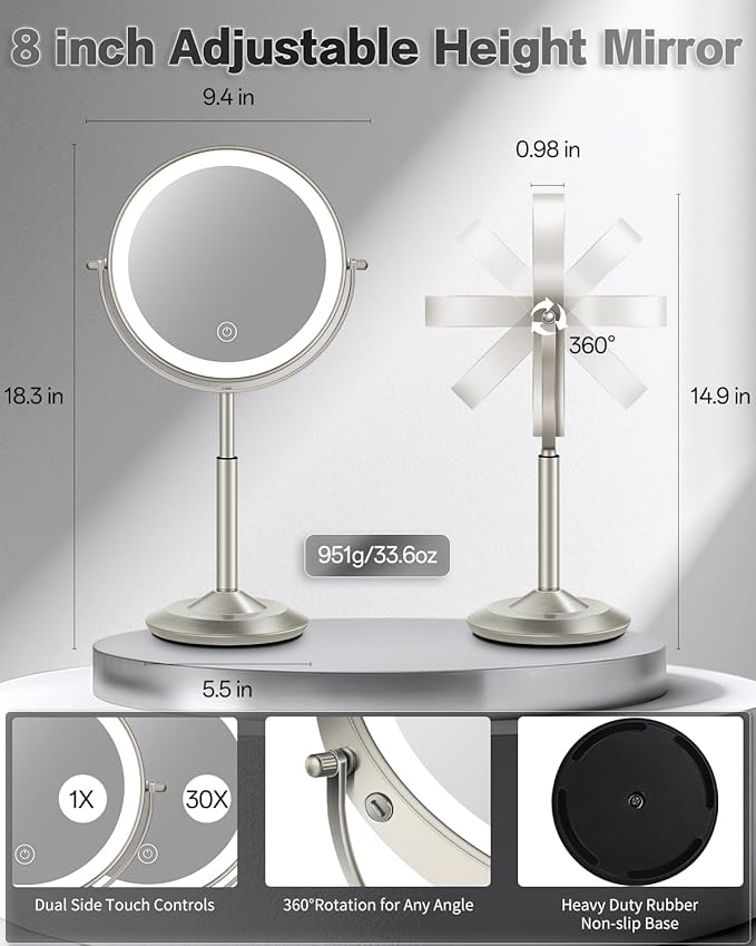 VFD 30X/1X Makeup Mirror with Lights, Height Adjustable Lighted Magnifying Vanity Mirror with 3 Lighting and Adjustable Brightness, 3000mAh Rechargeable Double Sided Switch for Desk Women Gift