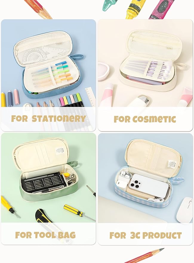 SUNEE Cute Pencil Case, Large Pencil Pouch, Aesthetic Big Pencil Bag with Zipper, Kawaii Stationery Storage and Organizer, School Supplies for Teen and Adult, Boys&Girls, Soft Corduroy Warm Beige
