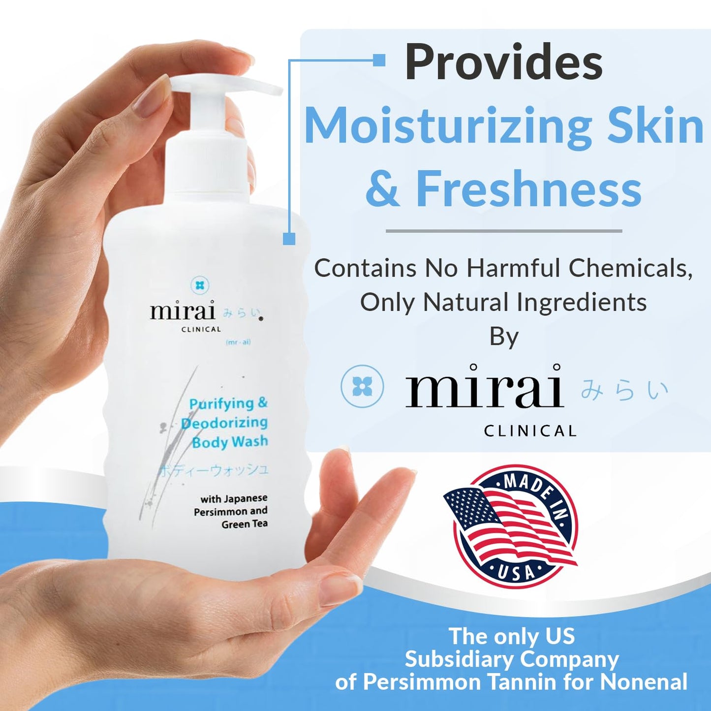 Mirai Clinical Body Wash for Strong Body Odor - Renewing Body Purifying & Deodorizing with Natural Persimmon & Green Tea Extracts - Nonenal® Eliminator for Women & Men - 9.29 Fl oz