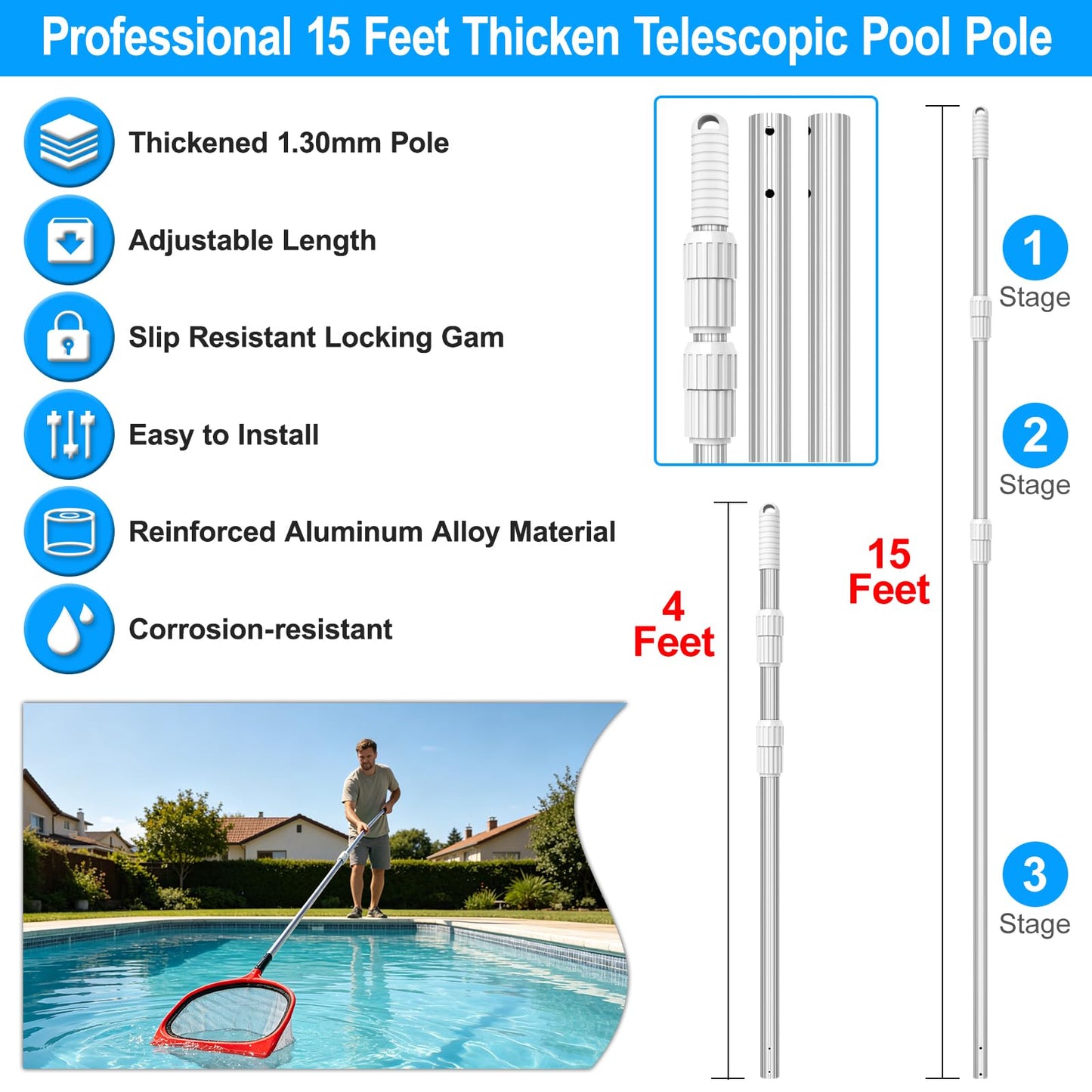 UPGRADED Pool Pole 15 Foot Telescopic Swimming Pool Poles,Telescopic Pool Cleaning Pole,Adjustable Professional Pole for Skimmer Net,Rake,Brush,Vacuum Head,Heavy Duty Aluminum Thicken 1.3mm Pole