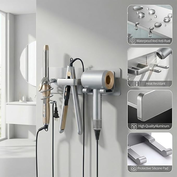 Blow Dryer Holder Wall Mount, 3 in 1 Bathroom Hair Tool Organizer with Curling Iron Holder & Flat Iron Holder, Universal Hair Dryer Holder Rack Storage (Silver)