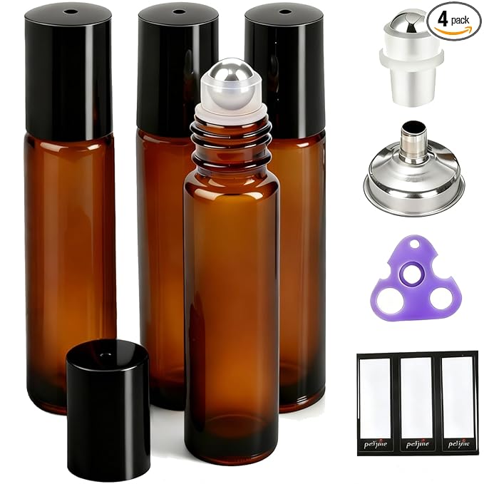 PrettyCare 4 Pack 10 ml Amber Glass Roller Bottles for Essential Oil with Stainless Steel Roller Ball - Refillable Leak-proof Empty Roll on Bottles with Black Caps for Travel, Perfume,Lab