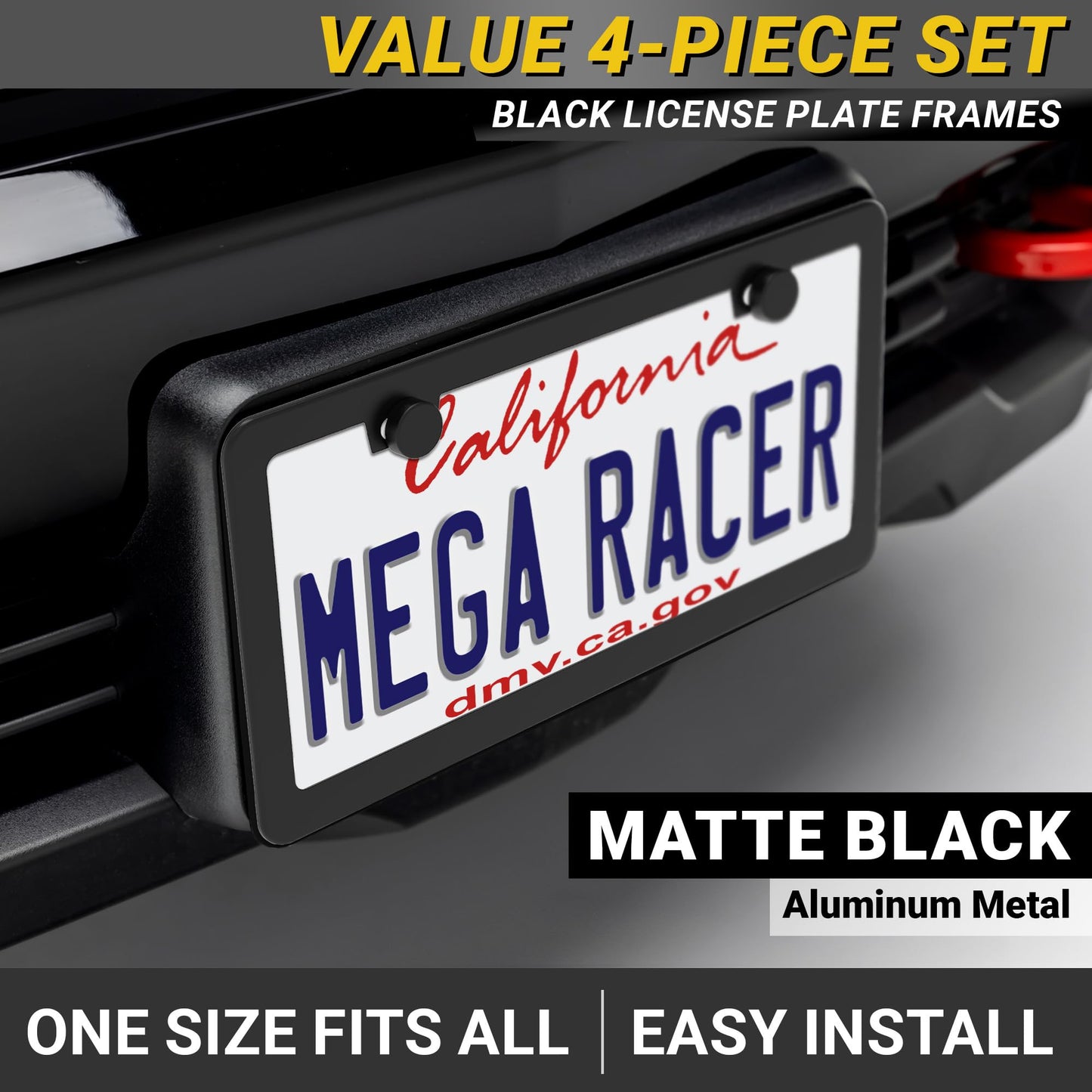 Premium Slim Matte Black License Plate Frames – Best Value 4 Pack, Rust-Free Stainless Steel & Rattle-Free, Street Legal, Universal with Screw Caps, Thin Edged Metal Front & Rear Car Tag Holders