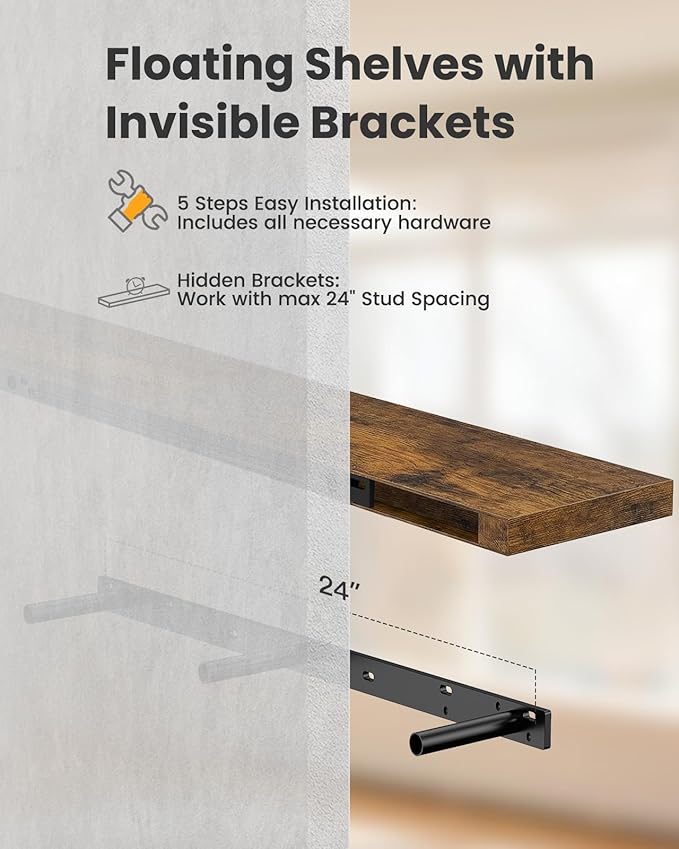 AMADA HOMEFURNISHING 47.2" L Floating Shelves, Wall Shelves Set of 3 for Bathroom/Living Room/Bedroom/Kitchen, Floating Shelves for Wall Decor with Invisible Brackets - AMFS55V