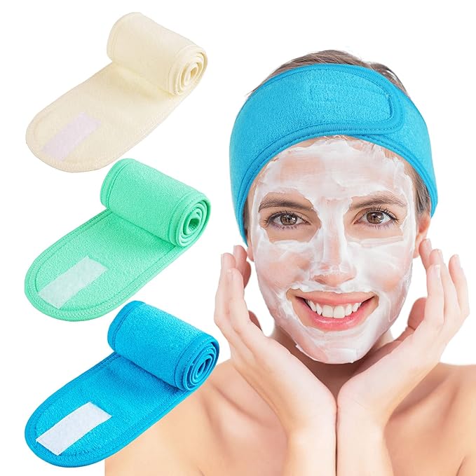 Whaline Spa Facial Headband Make Up Wrap Head Terry Cloth Headband Adjustable Towel for Face Washing, Shower, 3 Pieces (Blue, Green, Yellow)