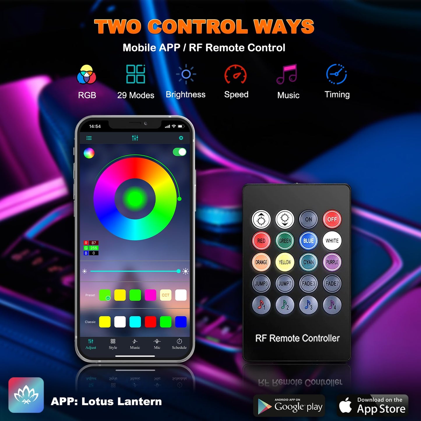Jushope Interior Car LED Strip Lights with Wireless APP and Remote Control, RGB 5 in 1 Ambient Lighting Kits with 236 inches Fiber Optic, 16 Million Colors Car Neon Lights, Sync to Music
