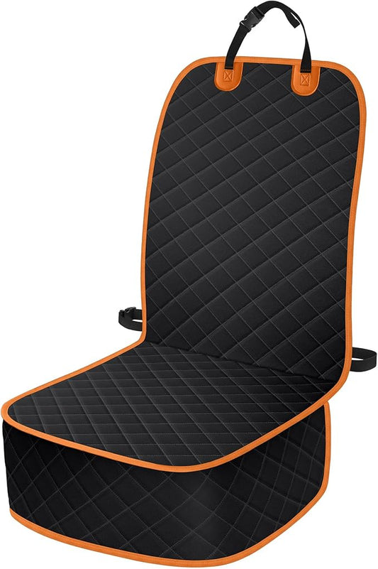 Dog Car Seat Covers, Waterproof Front Seat Cover for Dogs, Scratch-Proof, Nonslip Pet Passenger Seat Cover Protector, Universal Fit for Cars Trucks SUVs, Standard Size, Black with Orange