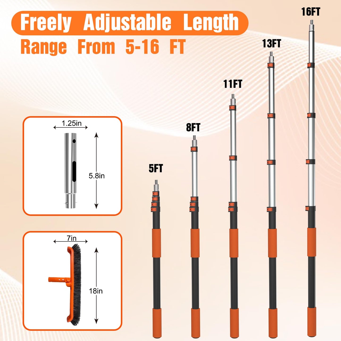 LAANPOLE Pool Brush with Pole, 16FT Heavy Duty Telescopic Pool Pole with 18" Pool Brush, Swimming Pool Scrubber Brush Head for Cleaning Walls, Tiles & Floors