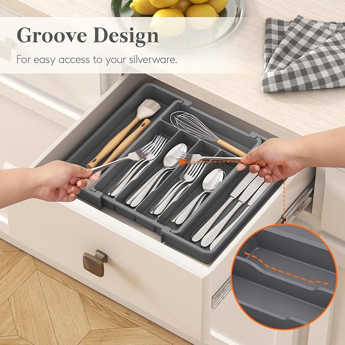 Lifewit Silverware Drawer Organizer, Expandable Utensil Tray for Kitchen, BPA Free Flatware and Cutlery Holder, Adjustable Plastic Storage for Spoons Forks Knives, 8.5-14 x 12", Dark Gray