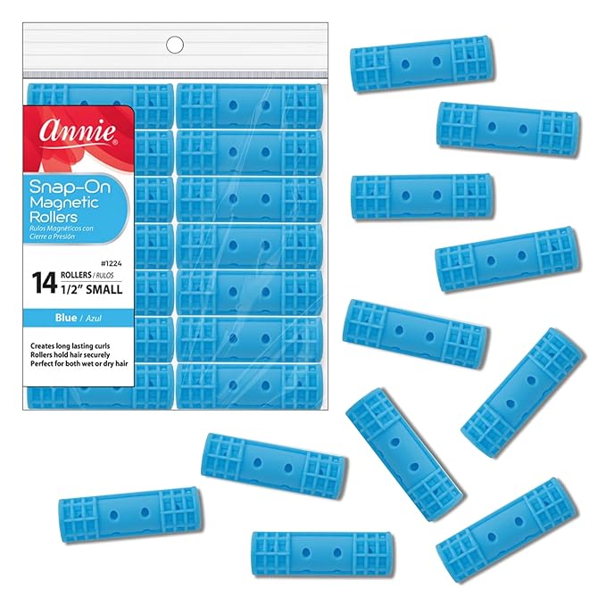 Annie Snap-On Magnetic Hair Rollers – Small 1/2 Inch with Locking Snap-Over Hood – Secure Hold No Pins Needed – Blue, 14 Count