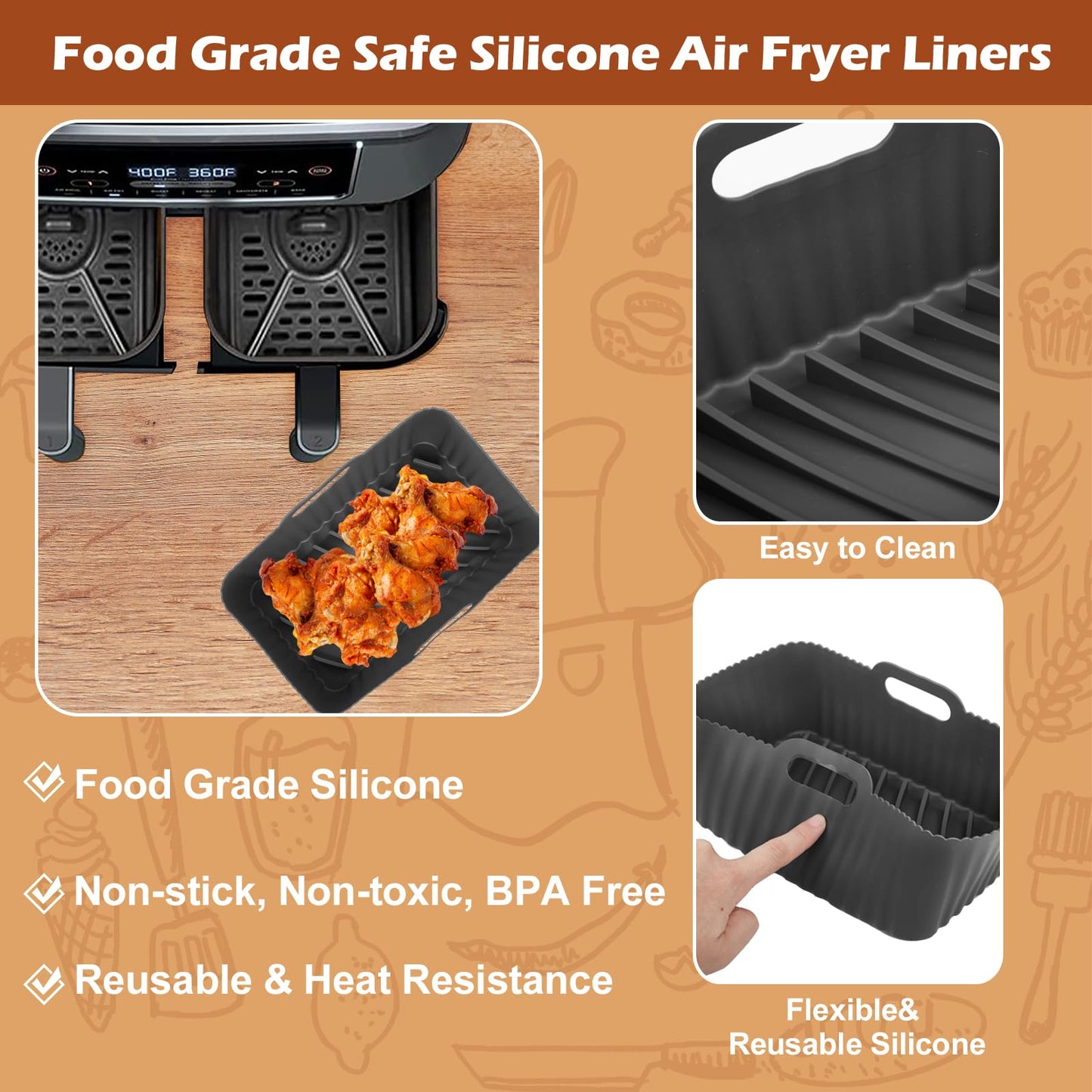 2Pcs Silicone Air Fryer Liners for Ninja Foodi Dual DZ201, Non-Stick Air Fryer Basket Accessories, Reusable Liners Fits 8 QT