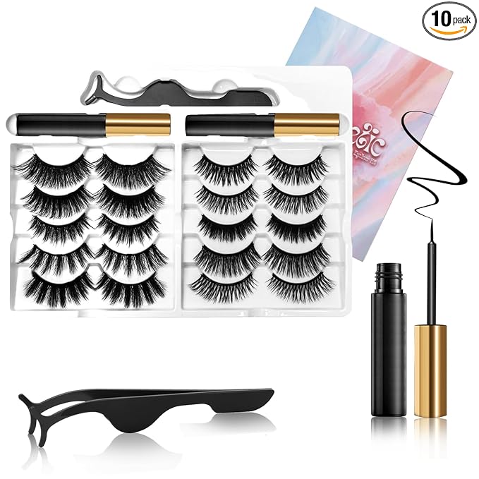 Magnetic Eyelashes Kit - 10 Pairs Lightweight 3D Natural Look Magnetic Lashes with Eyeliner & Tweezers, Reusable Mink False Eyelashes, Sweatproof, No Glue Needed, Easy to Apply (10pairs)