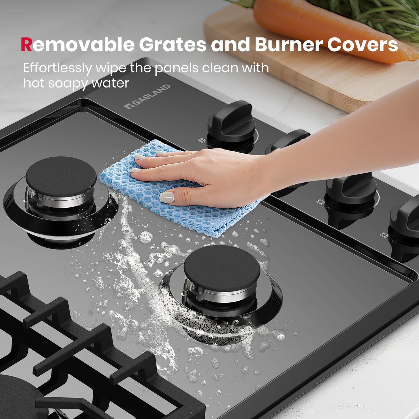 GASLAND Gas Cooktop 30 Inch Black, 4 Sabaf Sealed Burner Gas Stovetop, 4 ft Cord Plug, Cast Iron Grates with Metal Knobs, 28,300 BTU NG/LPG Convertible, Thermocouple Protection, CSA Certified