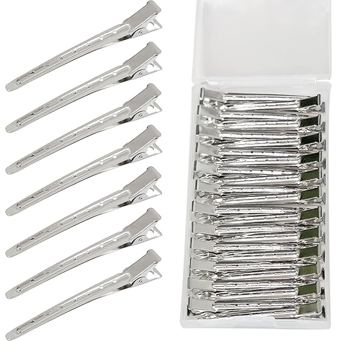 RENEWED Metal Silver Duck Billed Clips: 24Pcs Long Hair Sectioning and Curl Clips for Women with Case