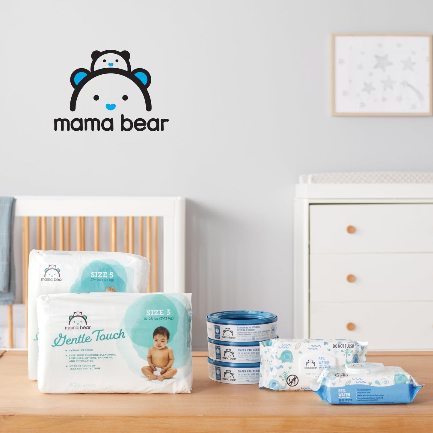 Amazon Brand - Mama Bear Gentle Formulated without Fragrance Baby Wipes, Hypoallergenic, Sensitive Skin, Unscented, 800 Count (8 Packs of 100)