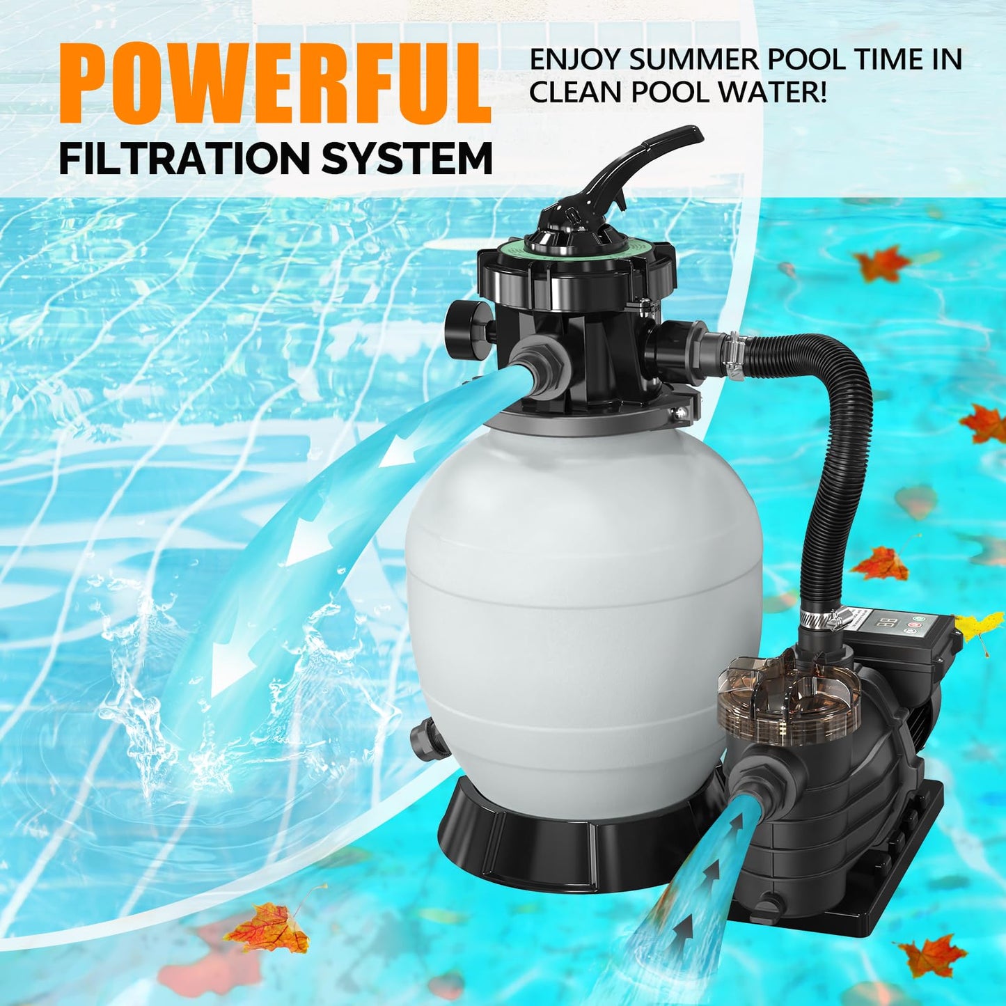 VINGLI (24H Timer) 12 in Sand Filter Pump with Filter Balls, 1585 GPH 1/2 HP High Efficiency Pool Pump with 7-Way Valve for Above Ground Swimming Pools Up to 8000 Gallons