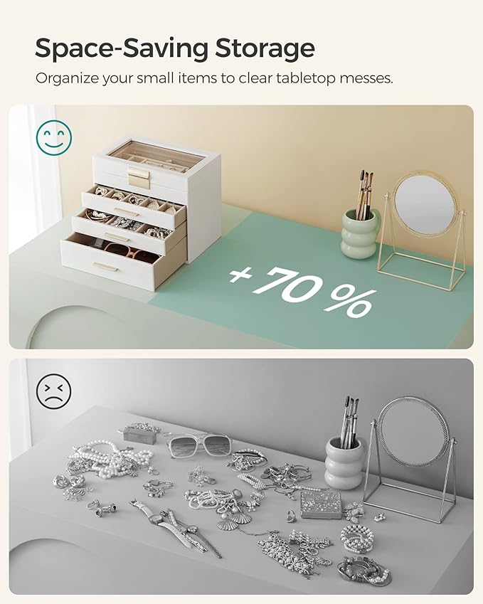 SONGMICS GISELLA Collection - Jewelry Box Organizer, 4-Layer Jewelry Storage with 3 Drawers, Shiny Metal Hardware, Glass Lid, Modern, 6 x 9.9 x 8.5 Inches, Cloud White and Gold Color UJBC161W01