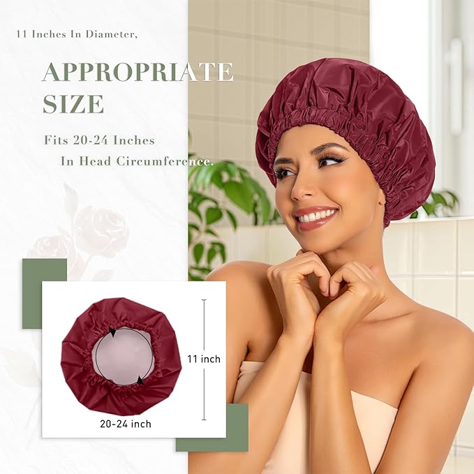 Reusable Shower Cap for Women, Large Waterproof Shower Bonnet with Elastic Band, Washable Bath Hair Cap for Long, Curly Hair, Braids, Daily Shower, Home Spa, Travel(Burgundy)