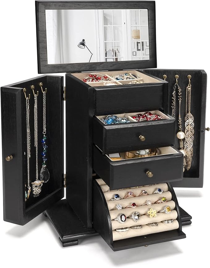 Emfogo Jewelry Box for Women, Rustic Wooden Jewelry Boxes & Organizers with Mirror, 4 Layer Jewelry Organizer Box Display for Rings Earrings Necklaces Bracelets (Black)