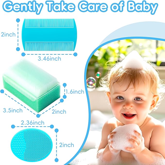 Cradle Cap Brush for Babies, Baby Bath Essentials with Silicone Scrubber Bath Sponge Dual-Sided Comb for Newborns Toddlers Boys Girls (Green, Set of 5)