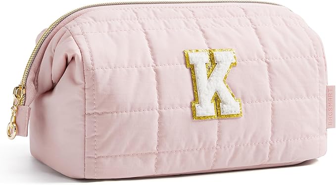 BAGSMART Birthday Gifts Personalized Initial Makeup Bag, Trendy Stuff Gifts for Women Bridesmaid Graduation, Puffy Padded Make Up Bags for Women, Wide-open Toiletry Bag, Pink K