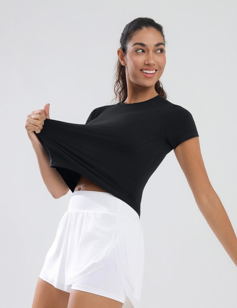 Nyvalle Workout Tops for Women Hip Length Athletic Running Gym Yoga Short Sleeve Shirts Seamless Breathable Crewneck Tees Black