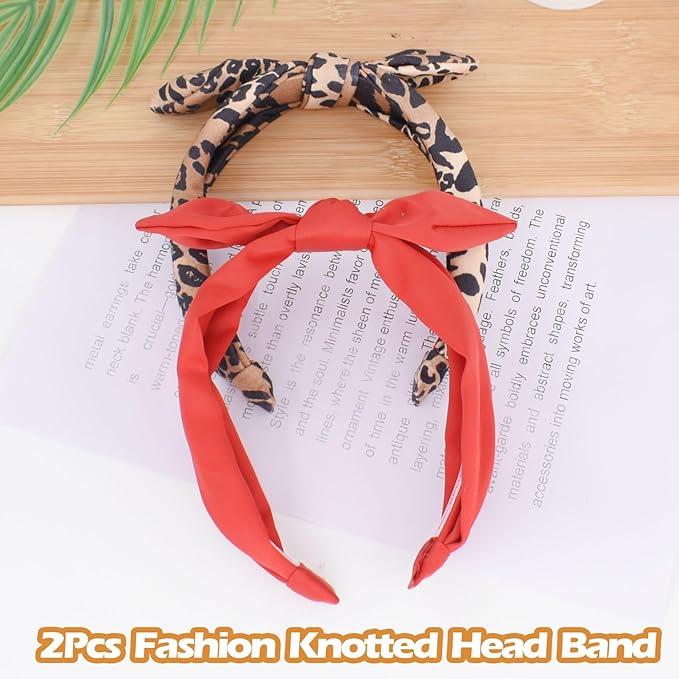 Bow Headbands for Girls, Leopard Print Thin Headband with Bow Women Hair Accessories Fashion Knotted Head Band Non Slip Hairband Hair Hoops for Girls (Red and Leopard Print, 2Pcs)